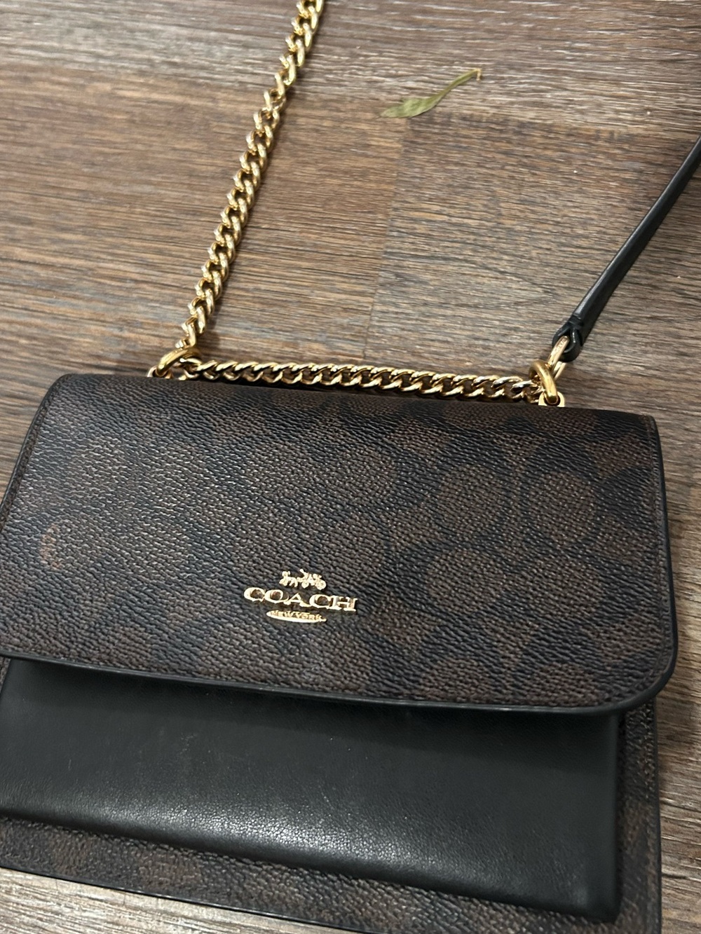 Coach Brown Monogram Crossbody with Black Trim and Gold Chain